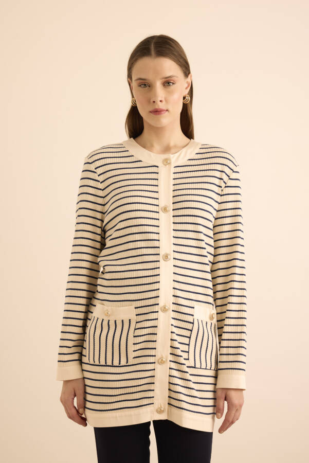 Lacivert Cotton Garnili Çizgili Örme Hırka - 3