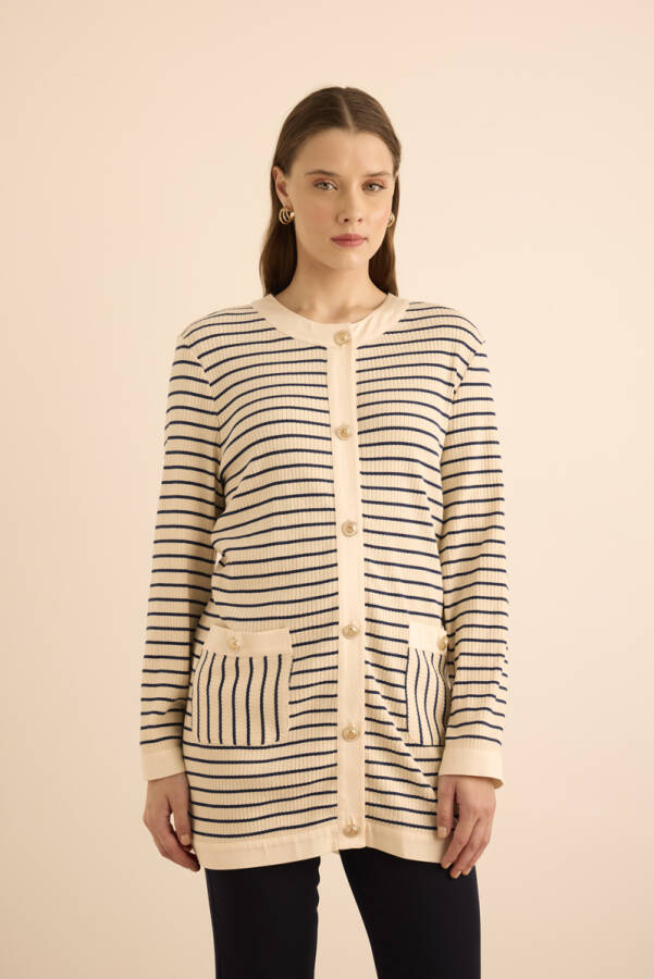 Lacivert Cotton Garnili Çizgili Örme Hırka - 5