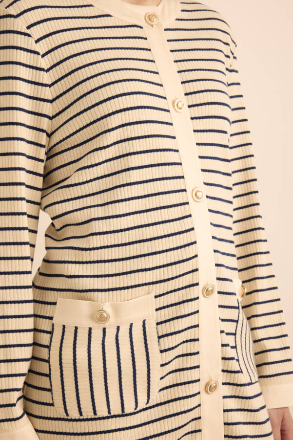 Lacivert Cotton Garnili Çizgili Örme Hırka - 6