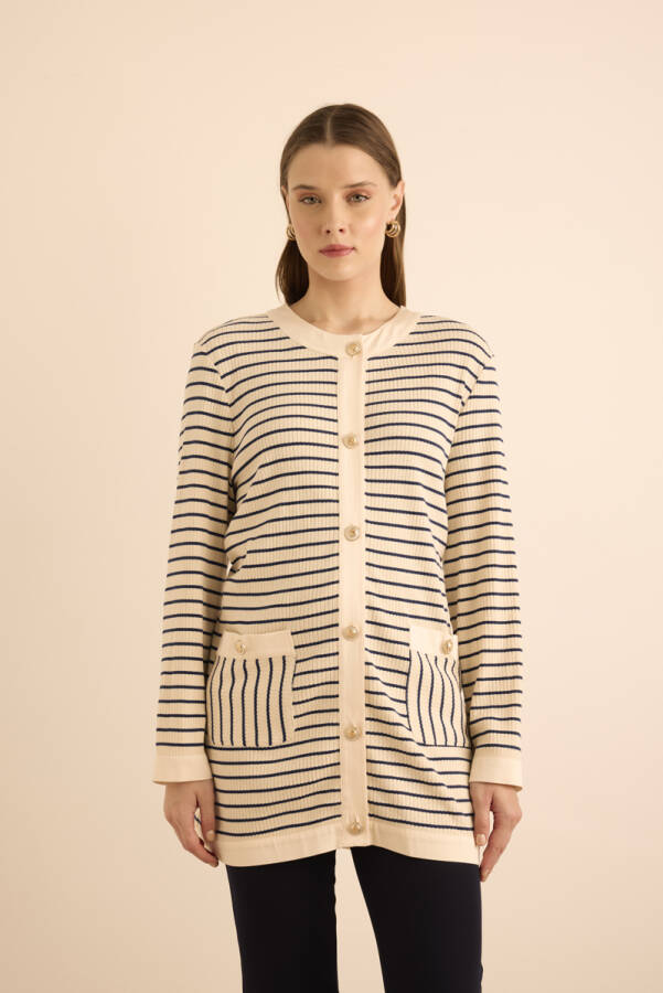 Lacivert Cotton Garnili Çizgili Örme Hırka - Aker