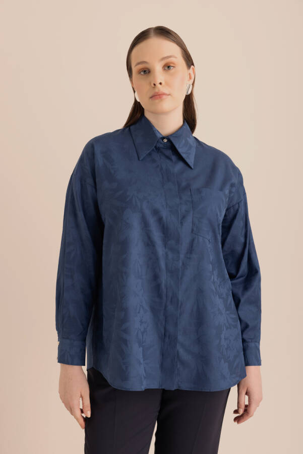 Lacivert Jakar Desenli Cotton Gömlek - 5