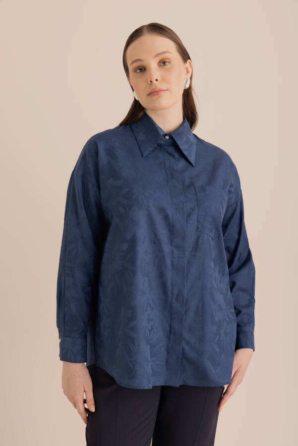Lacivert Jakar Desenli Cotton Gömlek - 1
