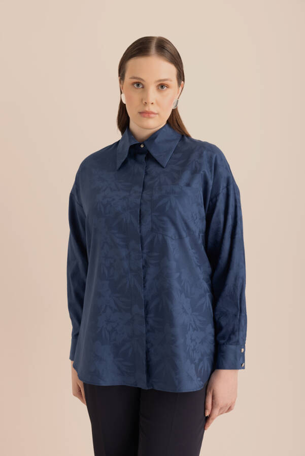 Lacivert Jakar Desenli Cotton Gömlek - 4