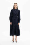 Lacivert Kare Dokulu Kumaş Hareketli Elbise - 2