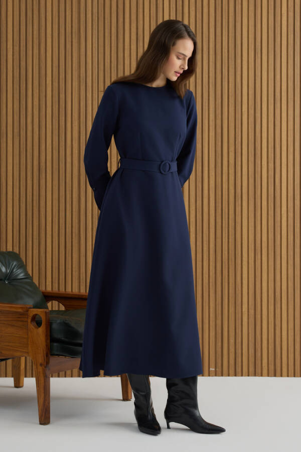 Lacivert Kemerli Evaze Elbise - 1