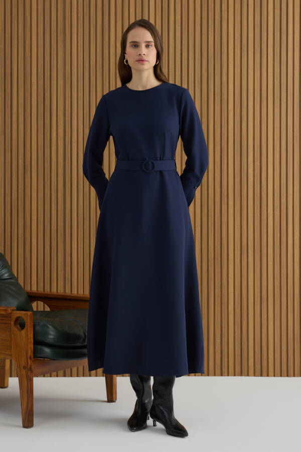 Lacivert Kemerli Evaze Elbise - 2