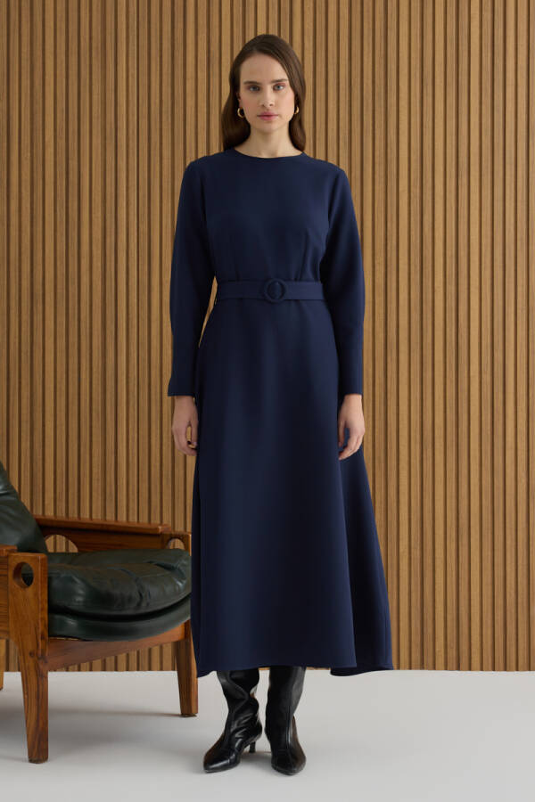 Lacivert Kemerli Evaze Elbise - 3