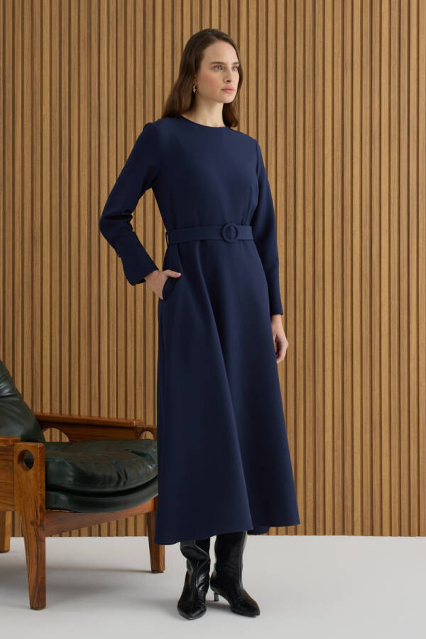 Lacivert Kemerli Evaze Elbise - 4