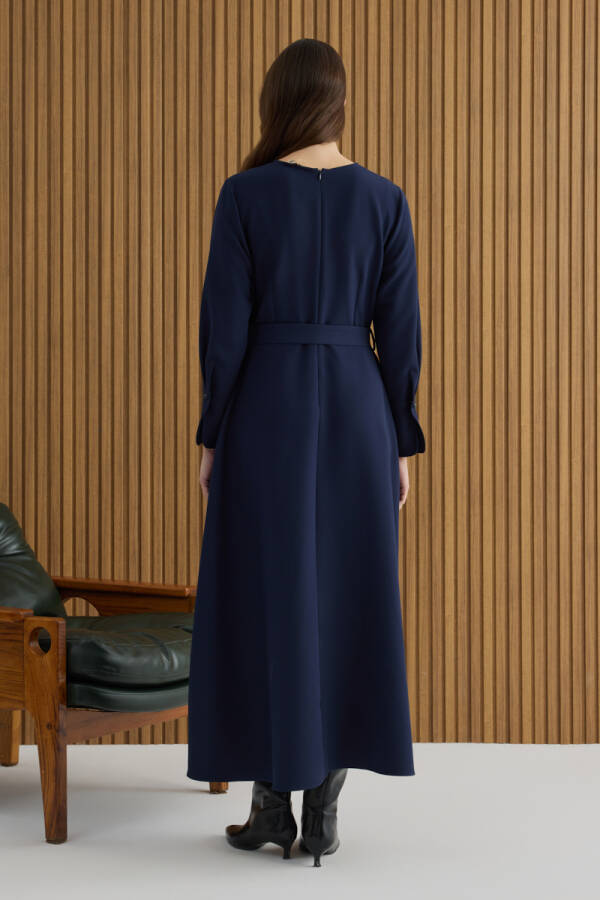 Lacivert Kemerli Evaze Elbise - 7