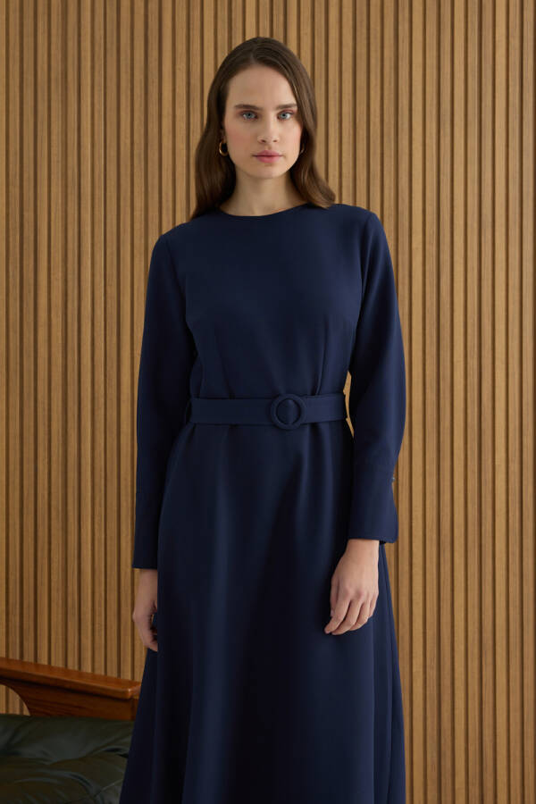 Lacivert Kemerli Evaze Elbise - 5