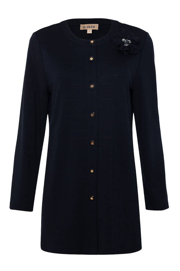 Lacivert Kendinden Çizgili Kumaş Örme Hırka - Aker