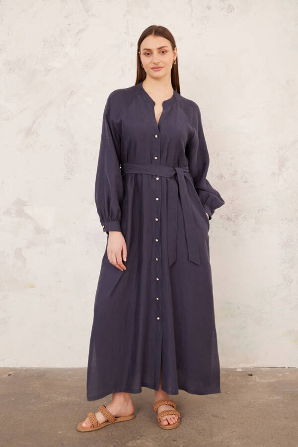 Lacivert Keten Elbise - 1
