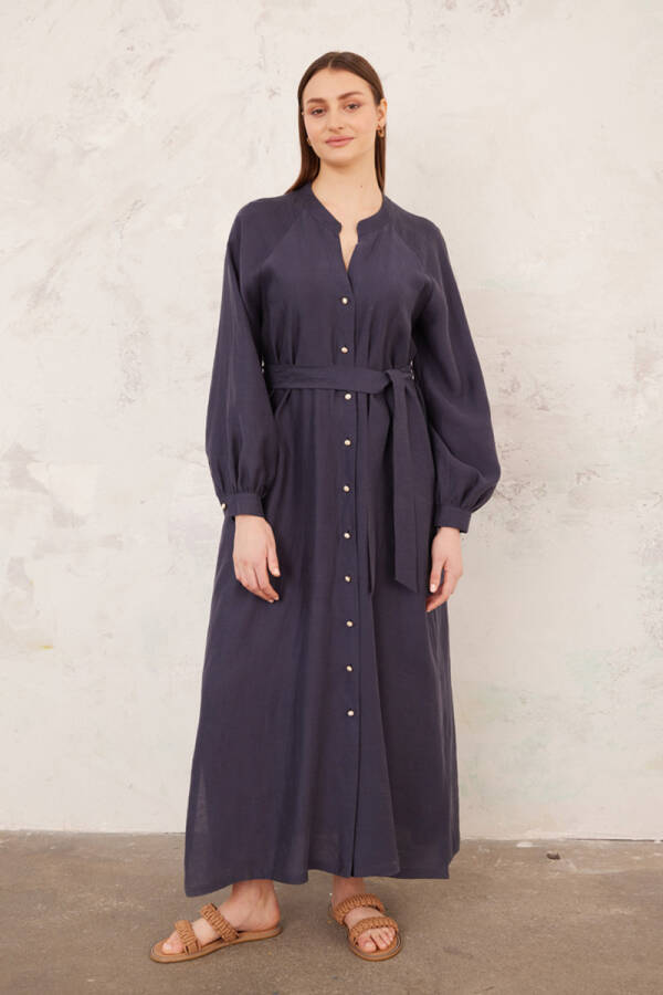 Lacivert Keten Elbise - 2