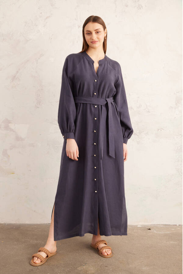 Lacivert Keten Elbise - 3