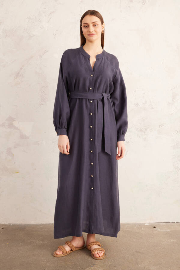 Lacivert Keten Elbise - 4