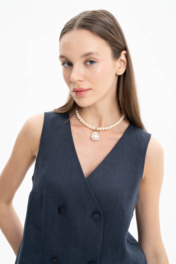 Lacivert Kısa Keten Yelek - 3