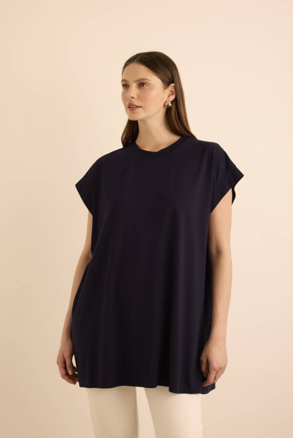 Lacivert Kolu Kup Detaylı Örme Kolsuz Bluz - 5