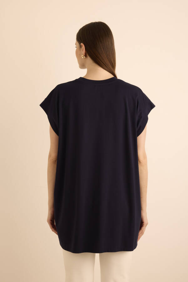 Lacivert Kolu Kup Detaylı Örme Kolsuz Bluz - 7