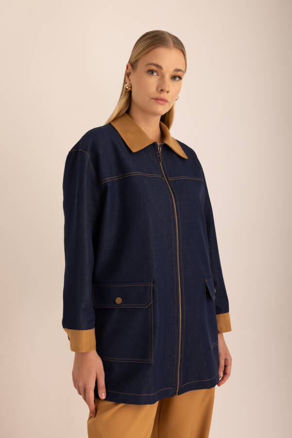 Lacivert Kontrast Süet Denim Görünümlü Ceket - Aker