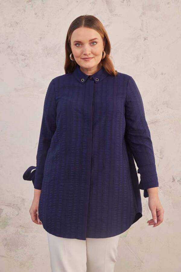 Lacivert Kuş Gözü Detaylı Dokulu Tunik - 5