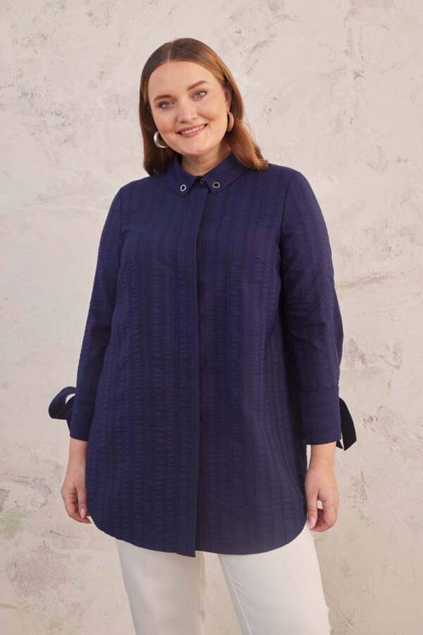 Lacivert Kuş Gözü Detaylı Dokulu Tunik - 6