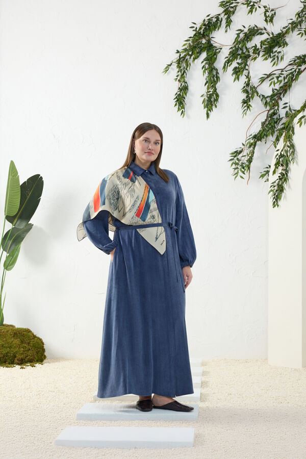 Lacivert Lastikli Gömlek Yaka Elbise - 1