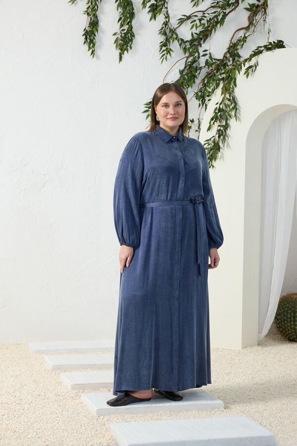 Lacivert Lastikli Gömlek Yaka Elbise - 2