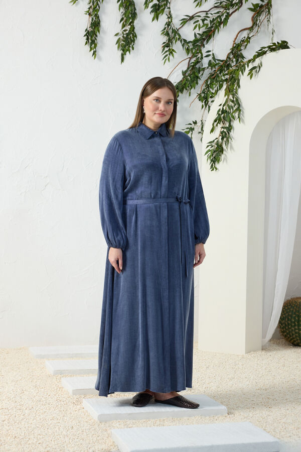 Lacivert Lastikli Gömlek Yaka Elbise - 3