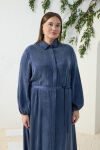 Lacivert Lastikli Gömlek Yaka Elbise - 4