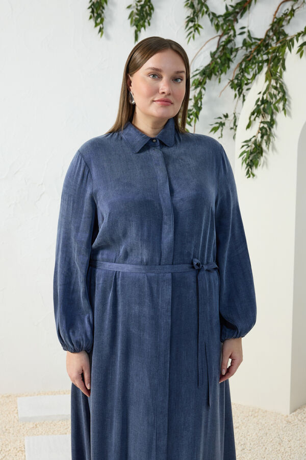 Lacivert Lastikli Gömlek Yaka Elbise - 4