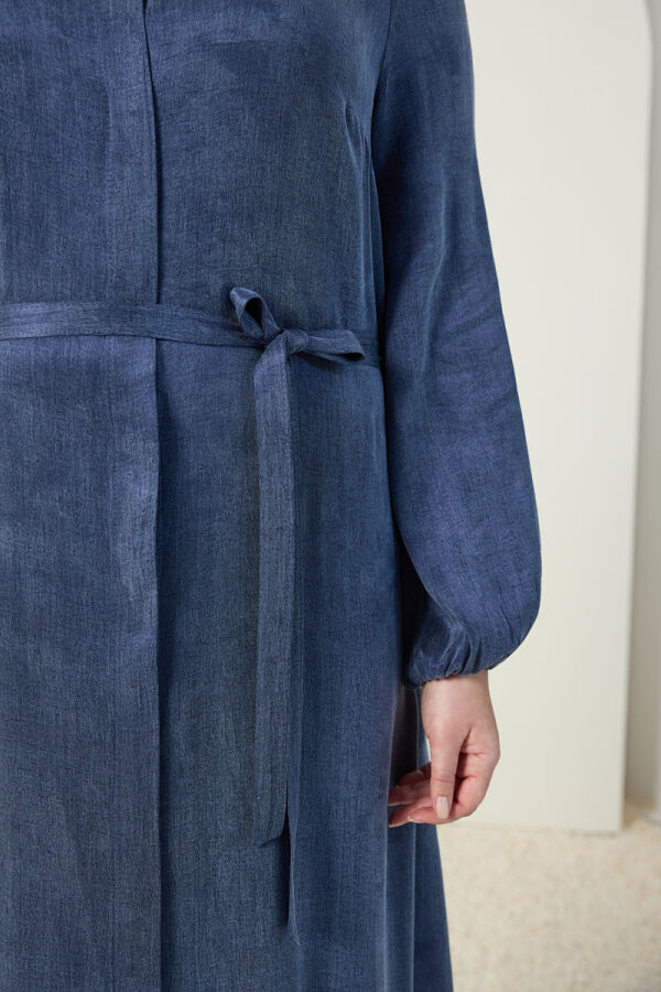 Lacivert Lastikli Gömlek Yaka Elbise - 5