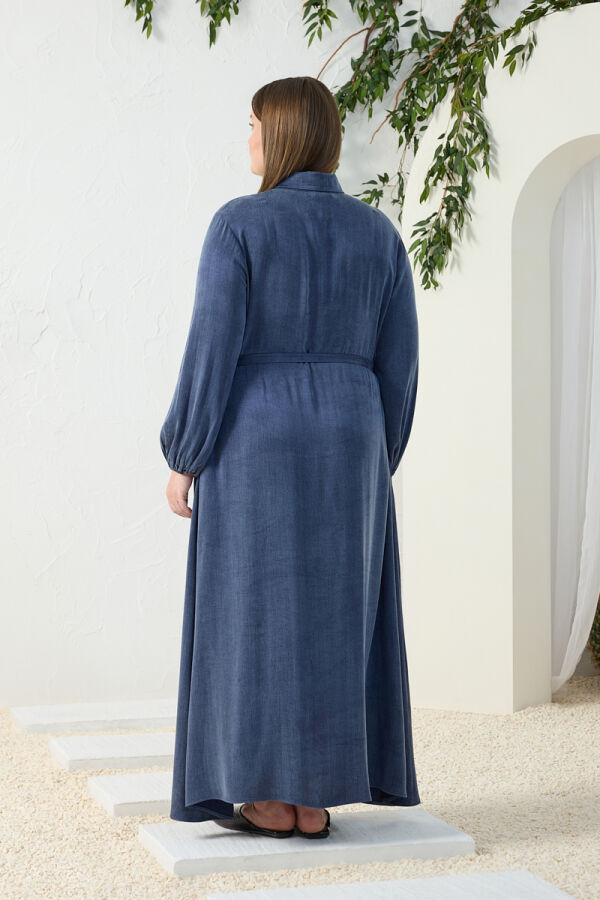 Lacivert Lastikli Gömlek Yaka Elbise - 6