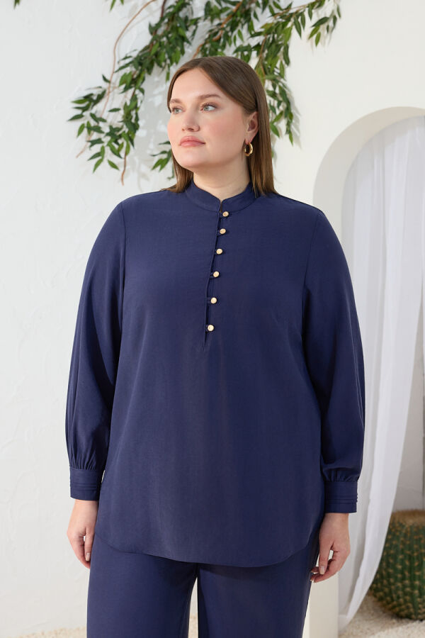 Lacivert Nervür Detaylı Bluz - 4