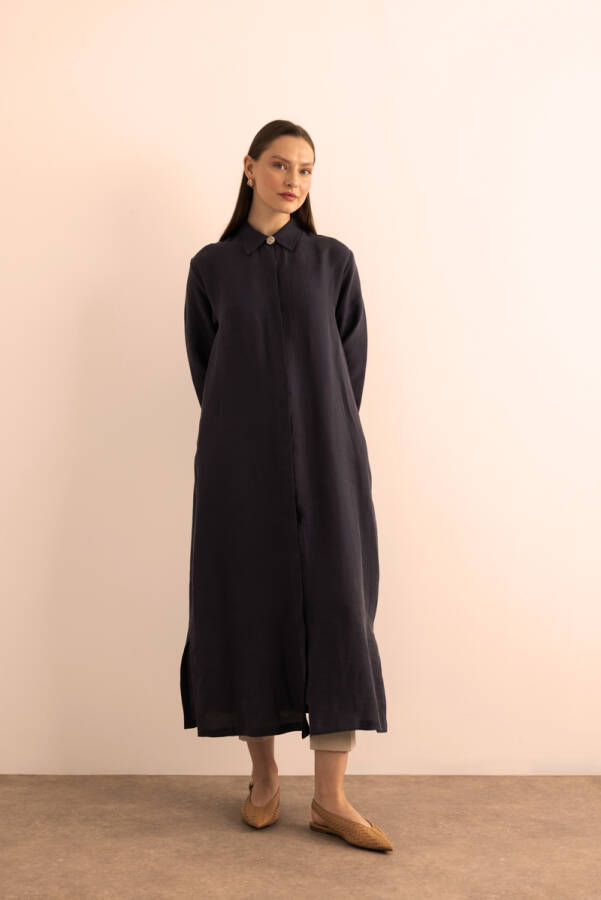 Lacivert Önden Düğmeli Tencel Ferace - 5