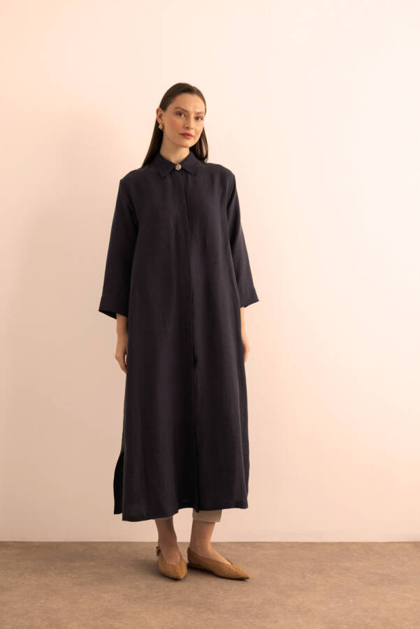 Lacivert Önden Düğmeli Tencel Ferace - 3