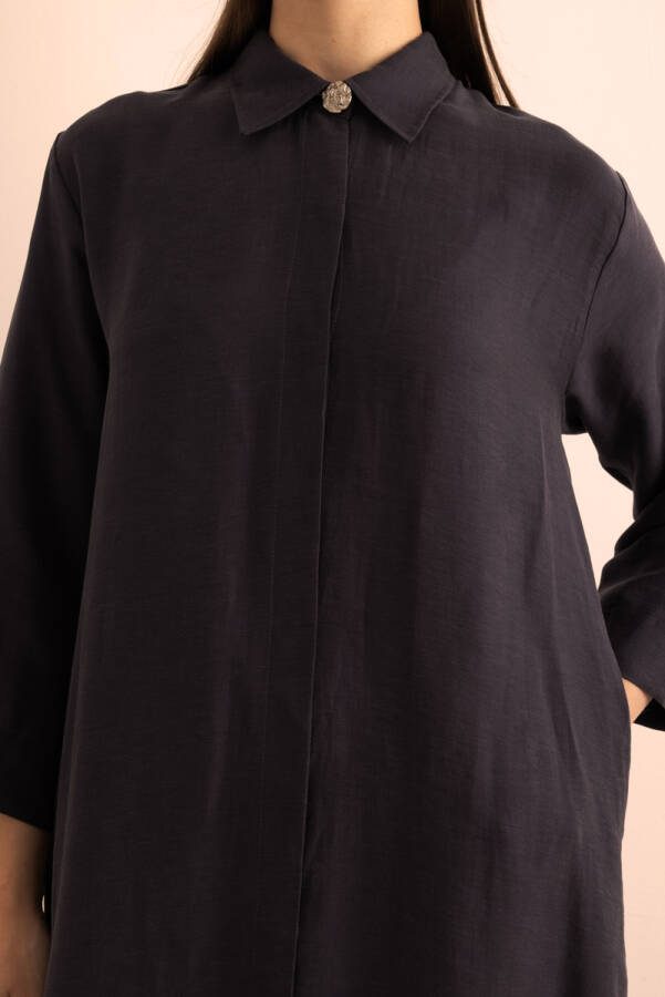 Lacivert Önden Düğmeli Tencel Ferace - 6
