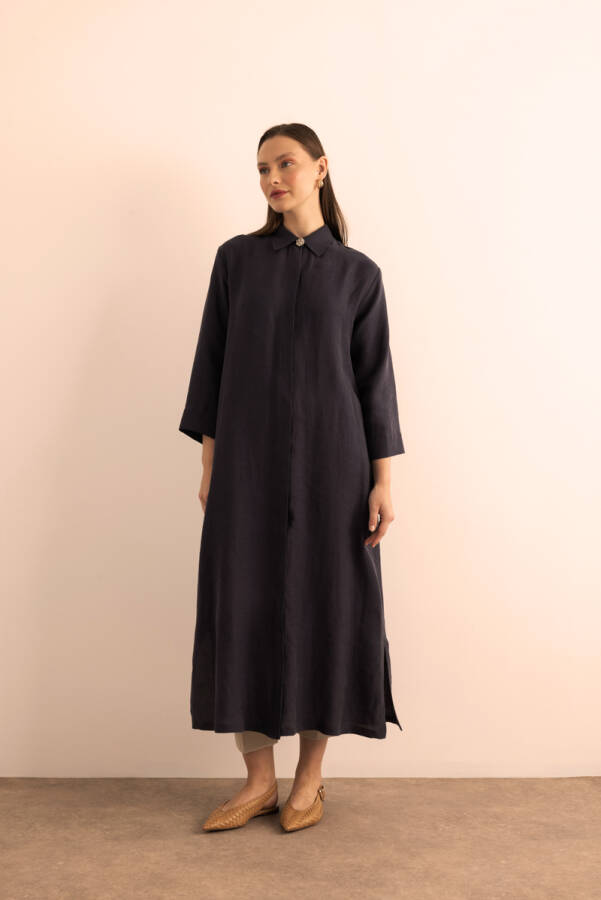 Lacivert Önden Düğmeli Tencel Ferace - 1