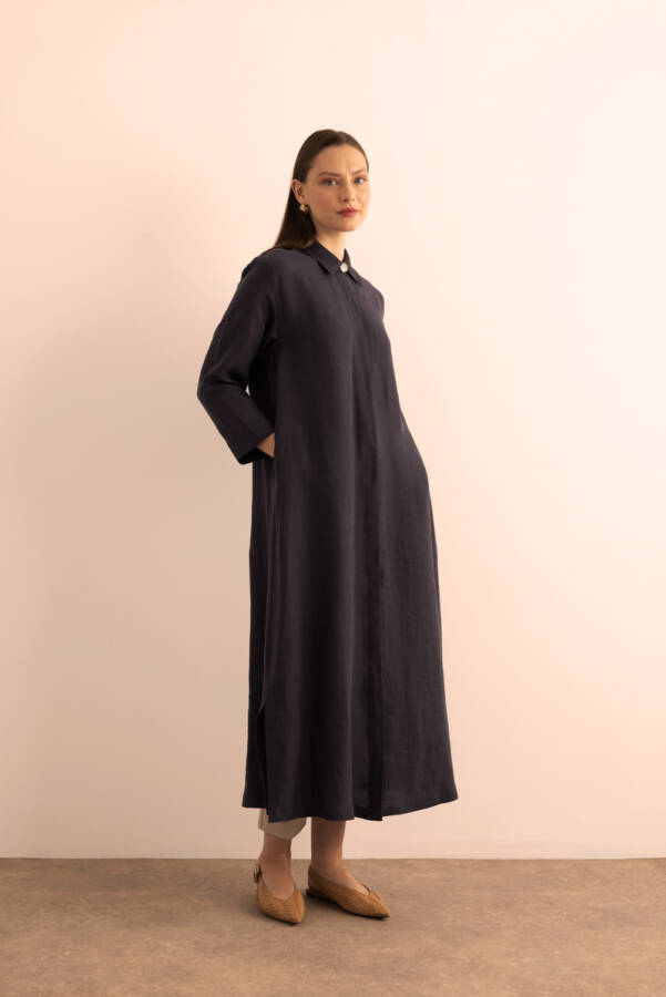 Lacivert Önden Düğmeli Tencel Ferace - 2