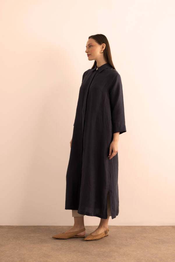 Lacivert Önden Düğmeli Tencel Ferace - 4