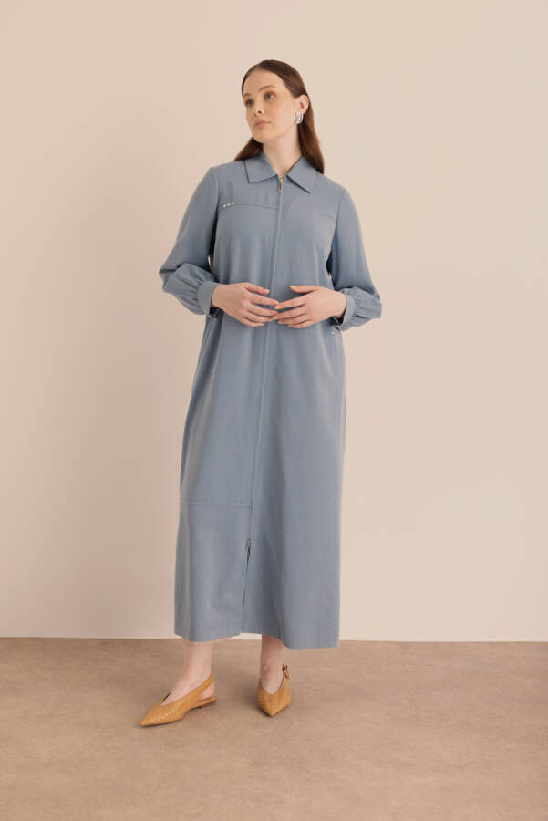 Lacivert Önden Fermuarlı Tencel Cotton Ferace - 2