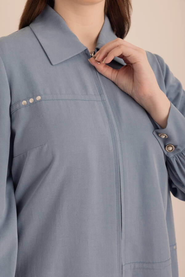 Lacivert Önden Fermuarlı Tencel Cotton Ferace - 3