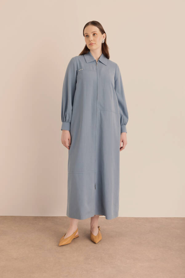 Lacivert Önden Fermuarlı Tencel Cotton Ferace - 6