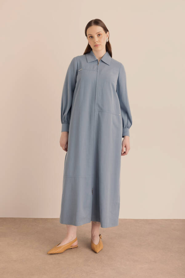 Lacivert Önden Fermuarlı Tencel Cotton Ferace - 4