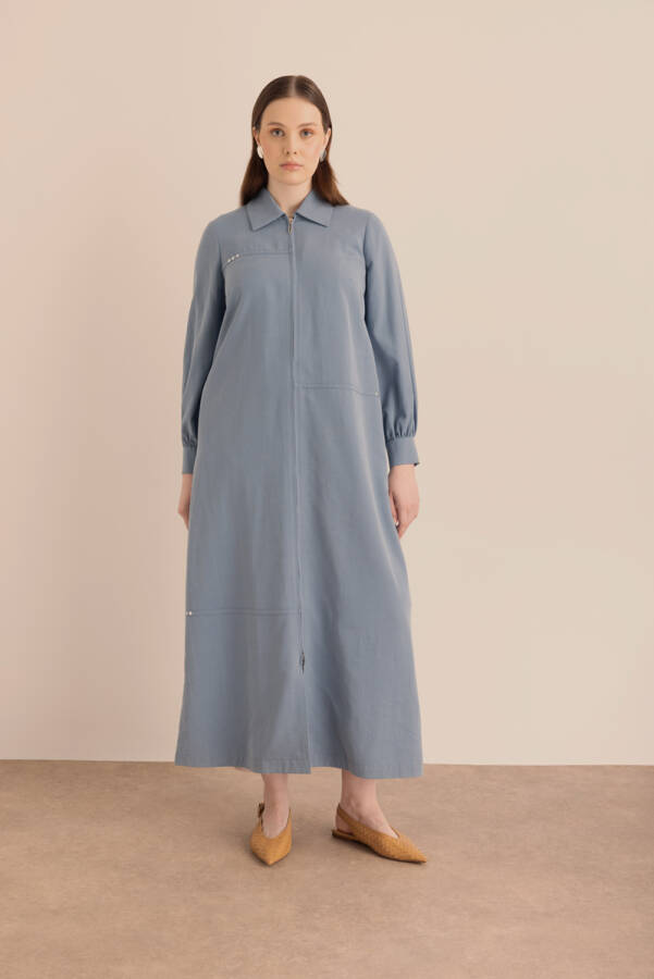 Lacivert Önden Fermuarlı Tencel Cotton Ferace - Aker