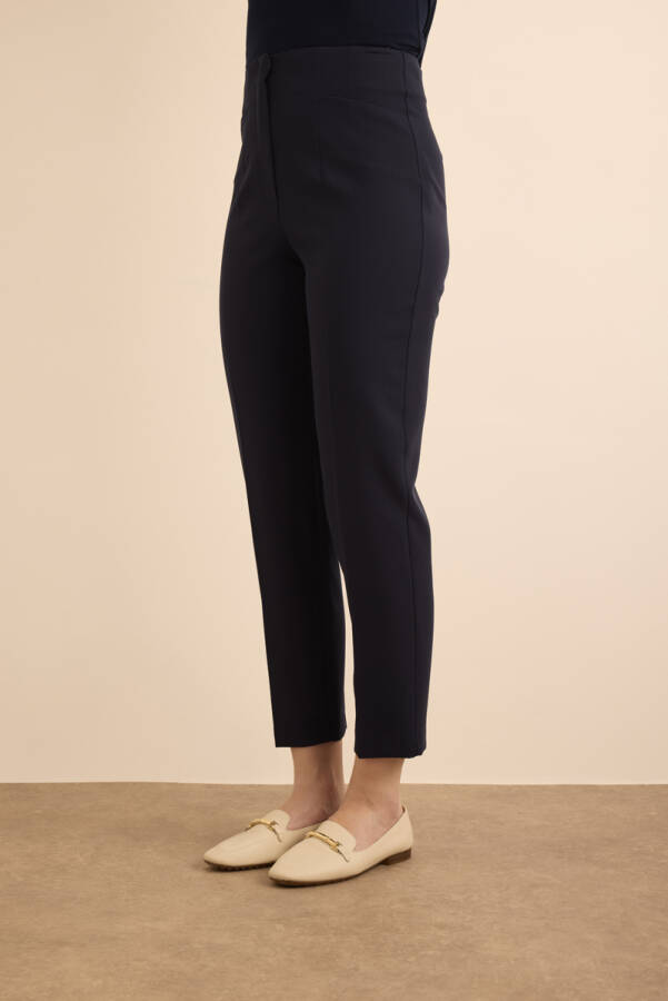 Lacivert Önü Cep Detaylı Dokuma Pantolon - 4
