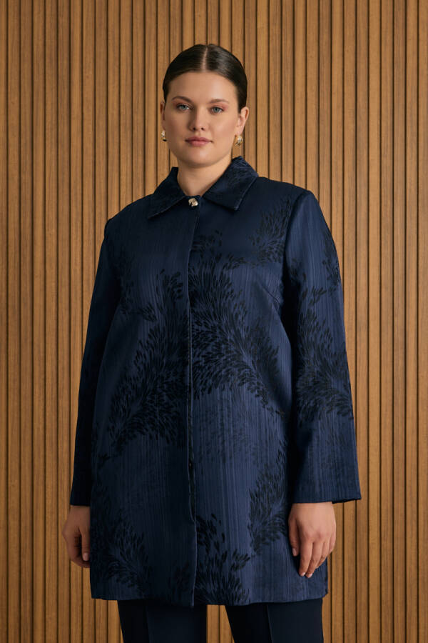 Lacivert Özel Jakar Dokuma Viscon Kısa Kap - Aker