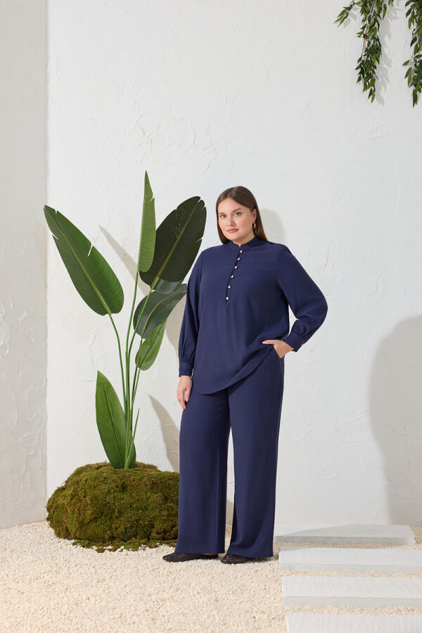 Lacivert Pileli Pantolon - 1