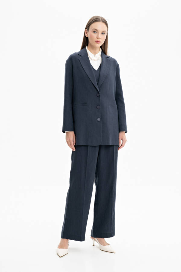 Lacivert Rahat Kesim Keten Ceket - Aker (1)