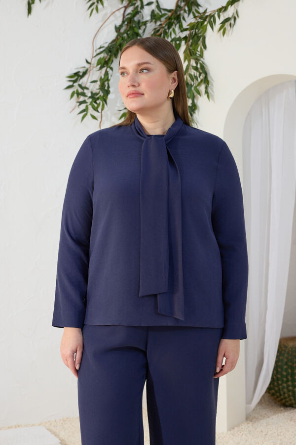Lacivert Şal Yaka Bluz - 4