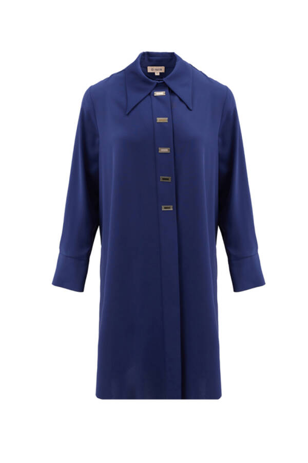 Lacivert Sivri Yaka Aksesuar Detaylı Tunik - 1